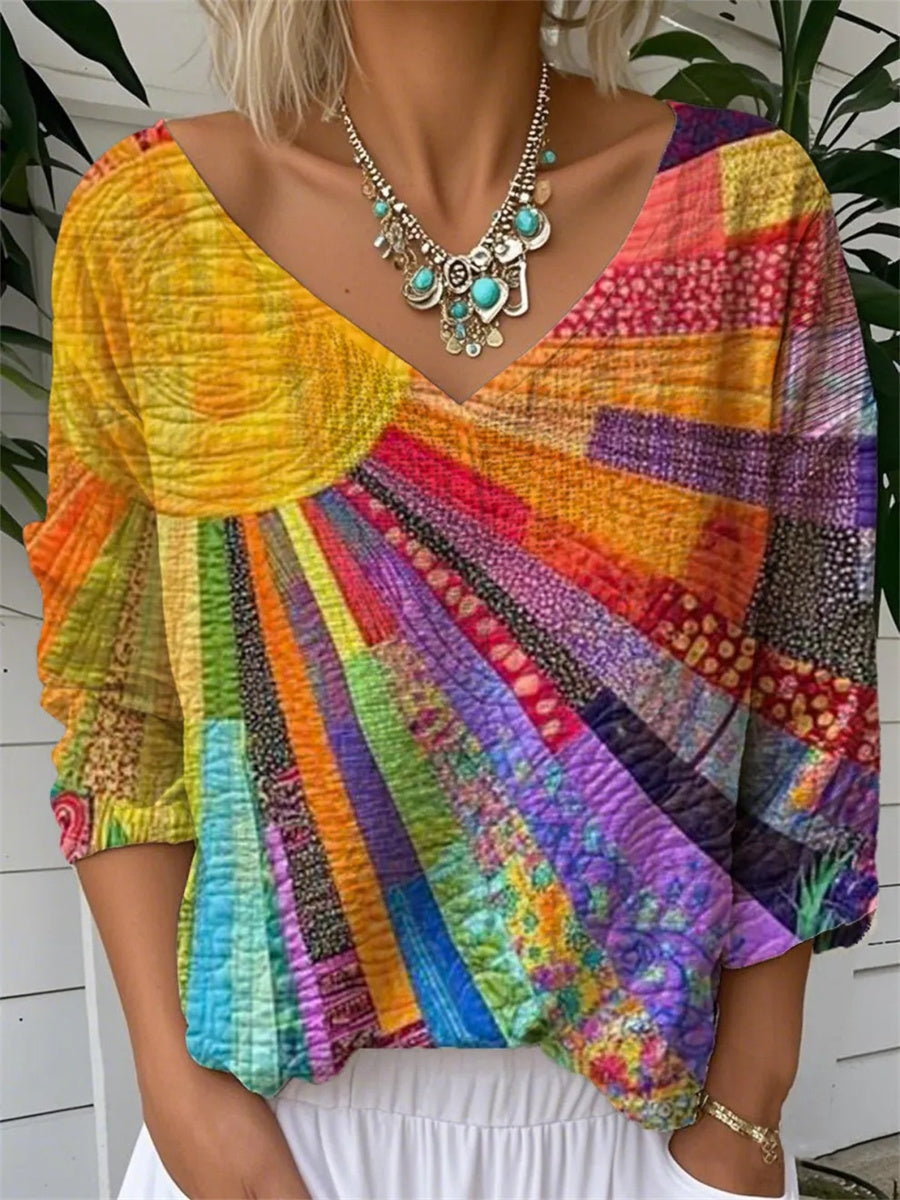 Women's v-neck patchwork print blouse