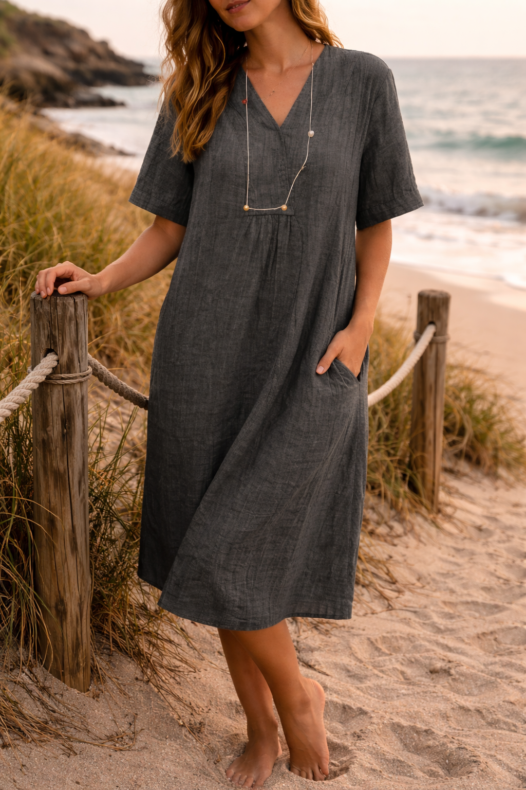 Women's v-neck short sleeve vacation midi dress