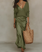 Women's v-neck slip maxi dress and sweater set