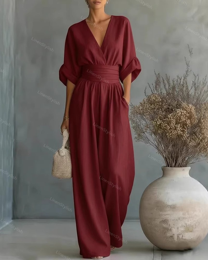Women's v-neck wide-leg wedding guest jumpsuit