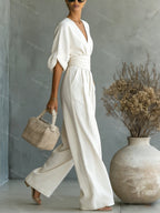 Women's v-neck wide-leg wedding guest jumpsuit