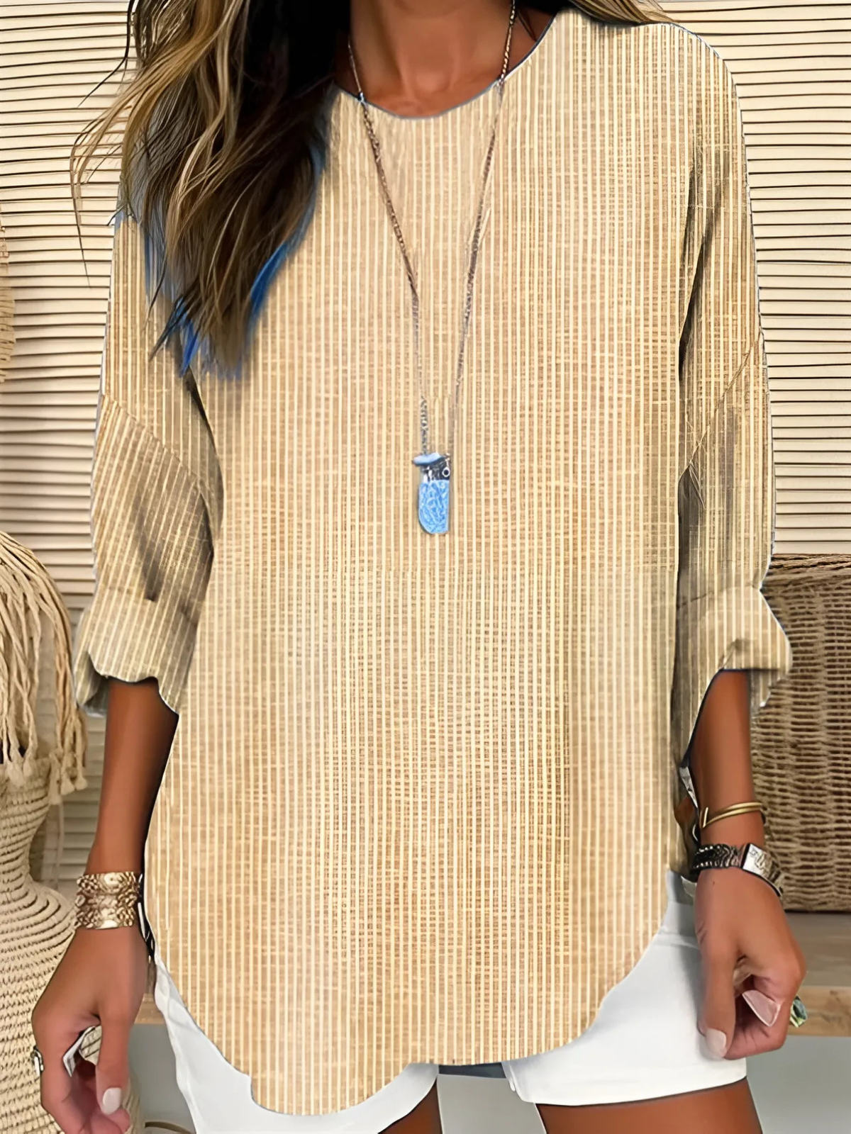 Women's vertical stripe round neck summer blouse
