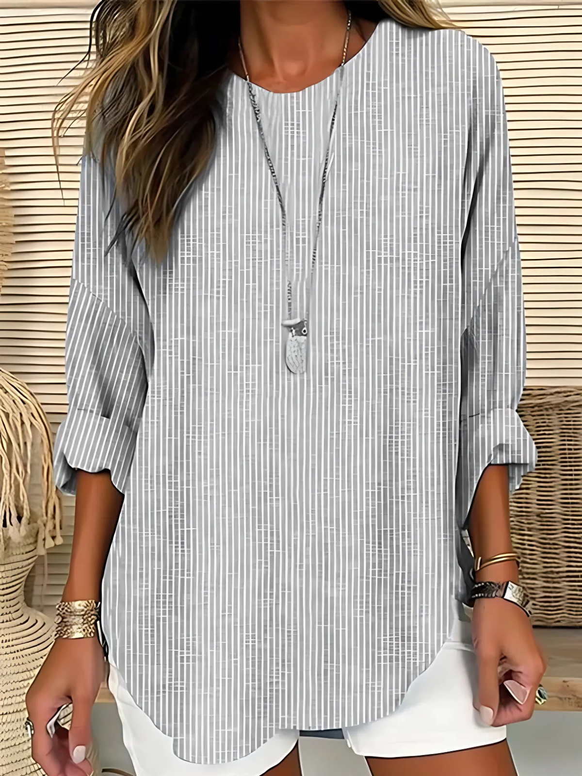 Women's vertical stripe round neck summer blouse