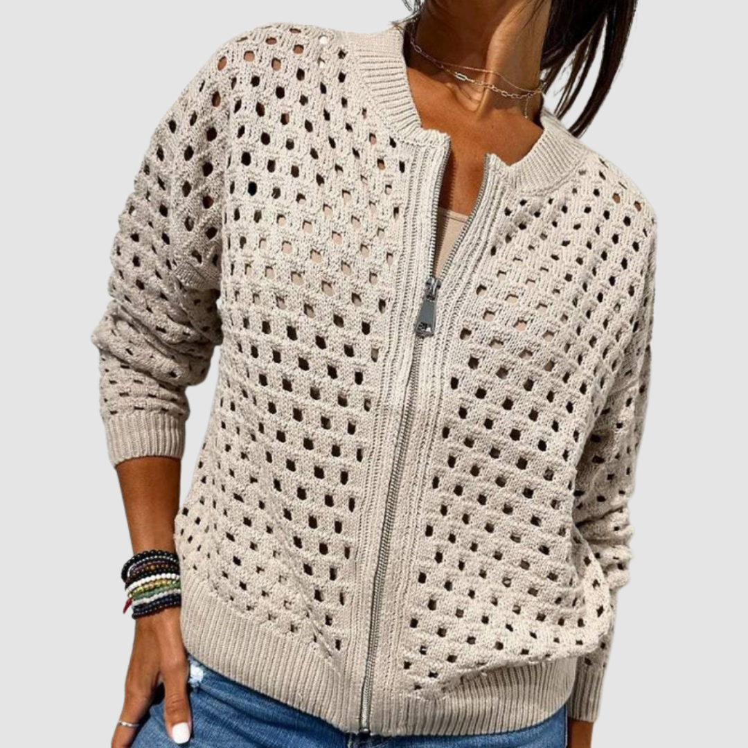 Women's zip-front open-knit cardigan