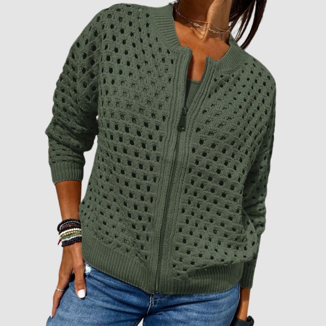 Women's zip-front open-knit cardigan