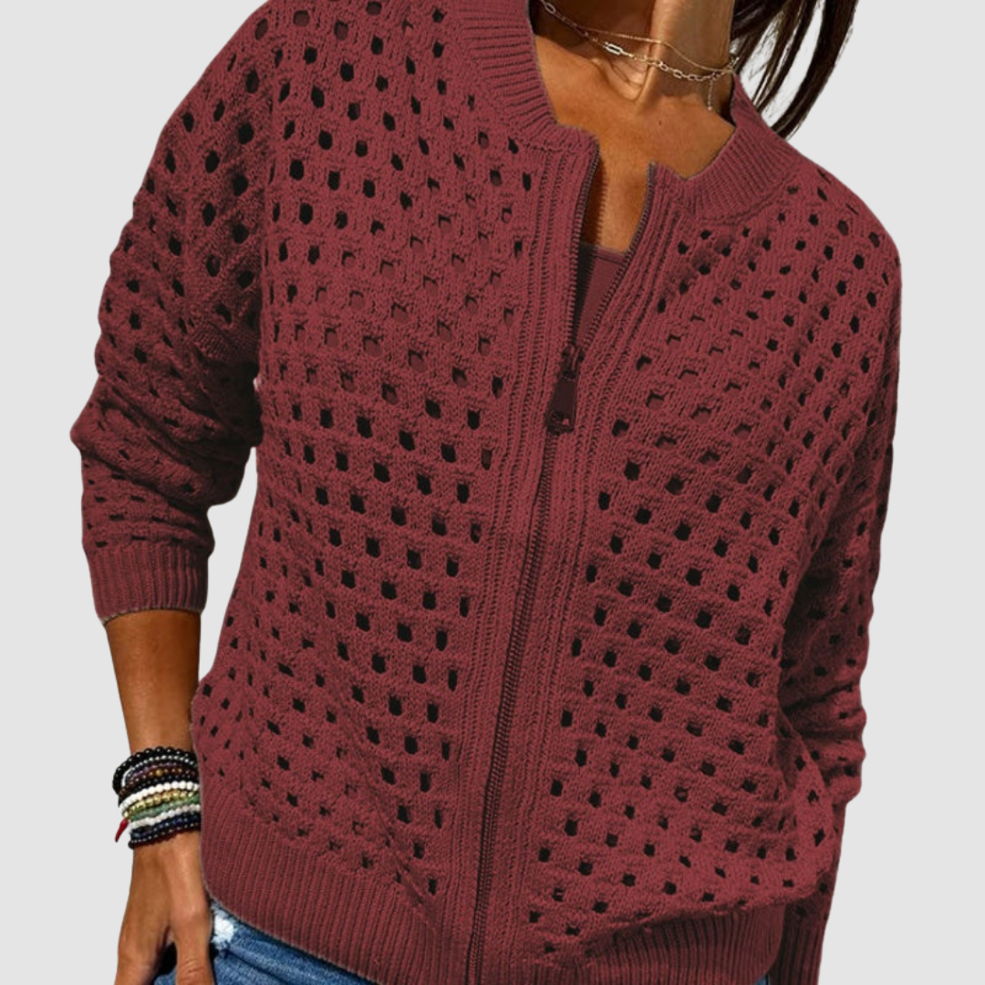 Women's zip-front open-knit cardigan